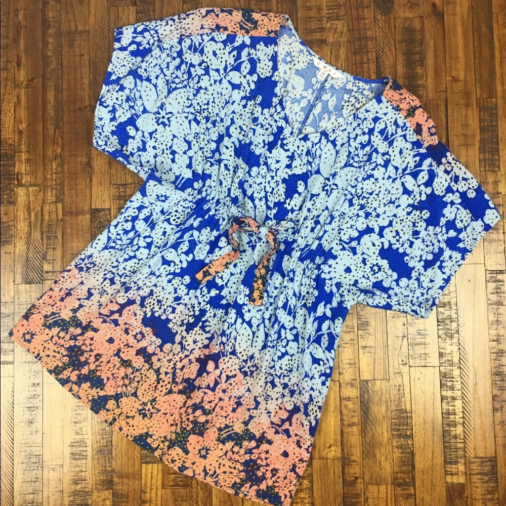CAbi Boho Tunic Blouse Ombre Floral Tie Front